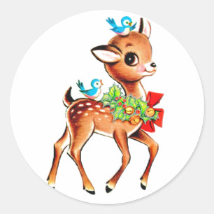 Cute Christmas Red Bow Green Holly Reindeer Classic Round Sticker