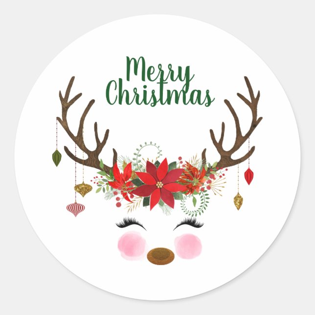 Cute Christmas Reindeer and Poinsettia Classic Round Sticker (Front)
