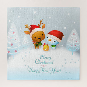 Cute Christmas Reindeer and Snowman Jigsaw Puzzle