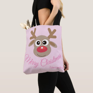 Cute Christmas Reindeer Cartoon Girly Pink Name Tote Bag