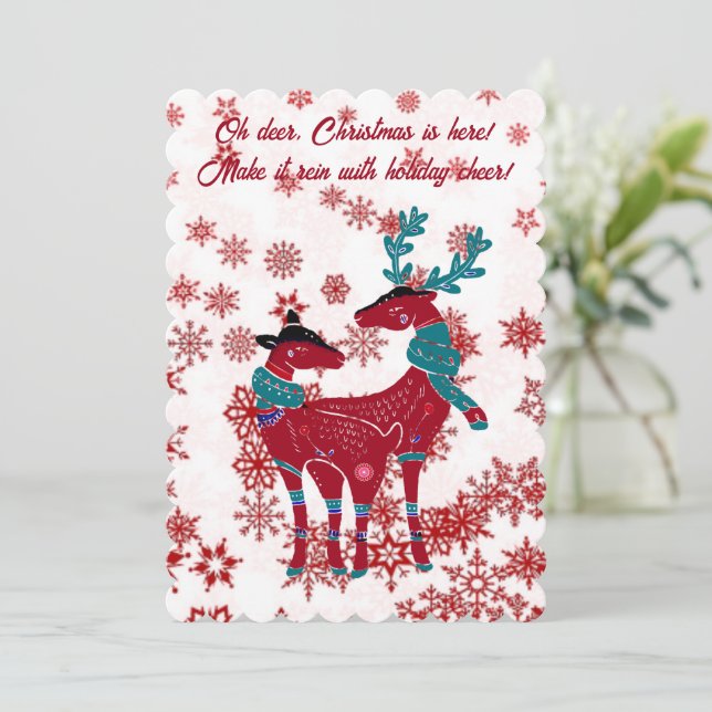 Cute Christmas Reindeer Couple Red Snowflake White Holiday Card (Standing Front)
