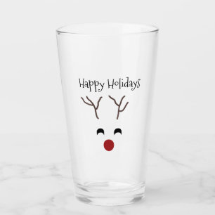 Cute Christmas Reindeer Face Happy Holidays Glass
