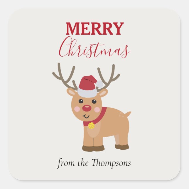 Cute Christmas Reindeer Family Name Square Sticker (Front)