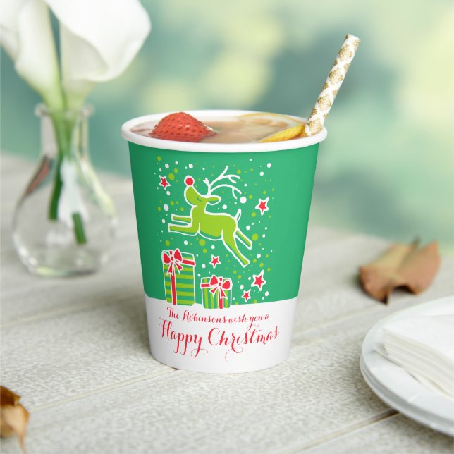 Cute Christmas reindeer green red custom  Paper Cups (Insitu)