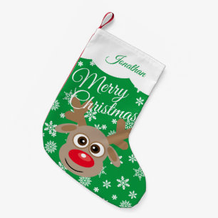 Cute Christmas Reindeer Green White Script Name Small Christmas Stocking