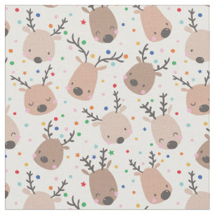 Cute Christmas Reindeer heads on white background Fabric