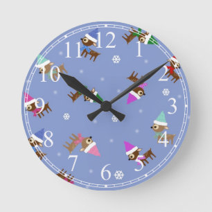 Cute Christmas Reindeer Holiday Art Round Clock