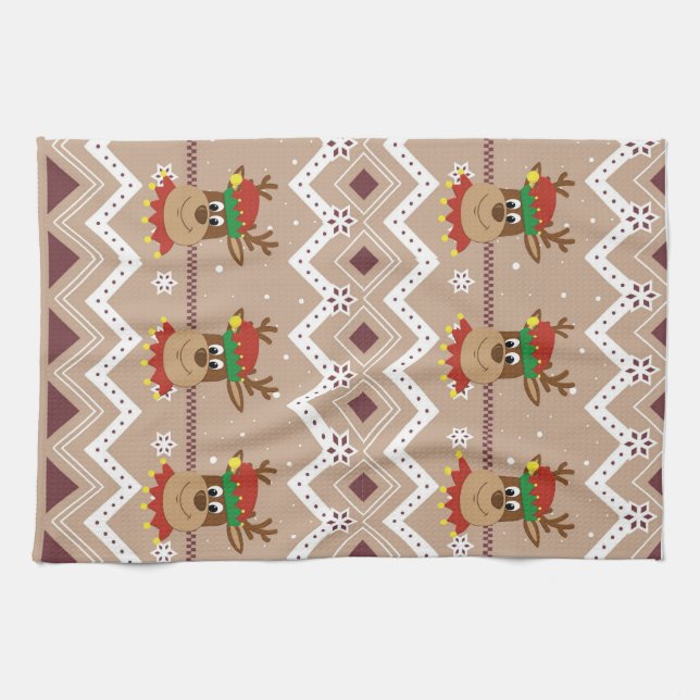 Cute Christmas Reindeer Holiday Tea Towel (Horizontal)