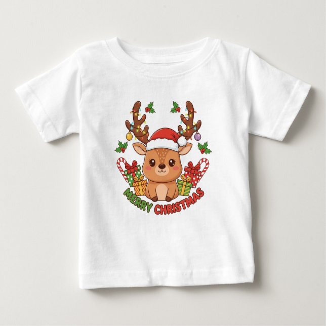 Cute Christmas Reindeer Illustration Baby T-Shirt (Front)