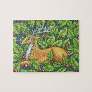 Cute Christmas Reindeer in Forest with Holly Jigsaw Puzzle
