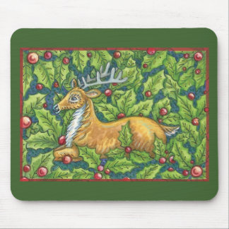 Cute Christmas Reindeer in Forest with Holly Mouse Pad
