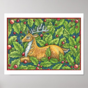 Cute Christmas Reindeer in Forest with Holly Poster