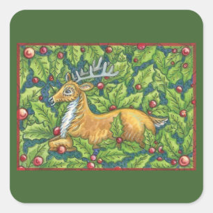 Cute Christmas Reindeer in Forest with Holly Square Sticker