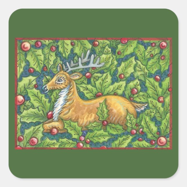 Cute Christmas Reindeer in Forest with Holly Square Sticker (Front)