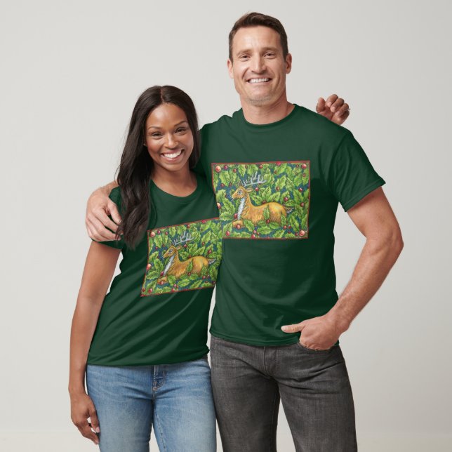 Cute Christmas Reindeer in Forest with Holly T-Shirt (Unisex)