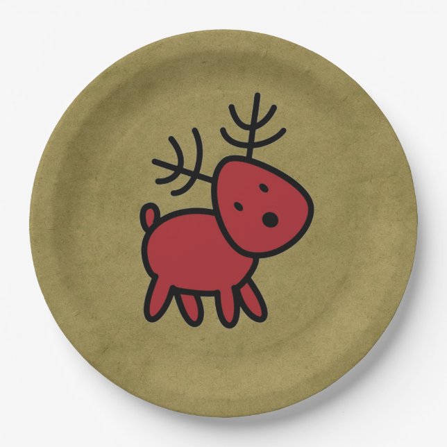 Cute Christmas Reindeer in Red and Black Cartoon Paper Plate (Front)