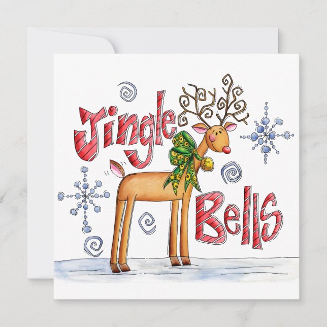 Cute Christmas Reindeer, Jingle Bells Snowflakes Holiday Card (Front)