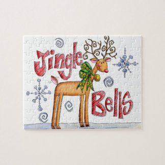 Cute Christmas Reindeer, Jingle Bells Snowflakes Jigsaw Puzzle