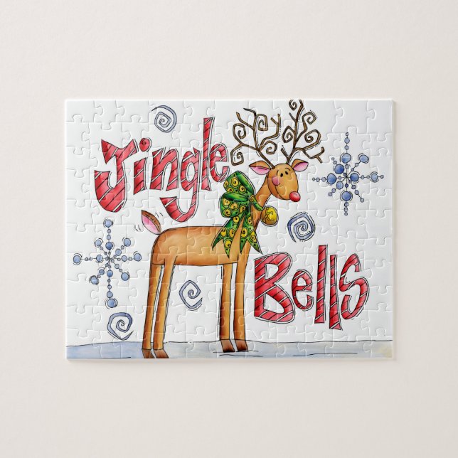 Cute Christmas Reindeer, Jingle Bells Snowflakes Jigsaw Puzzle (Horizontal)