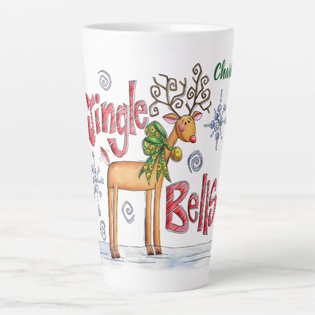 Cute Christmas Reindeer, Jingle Bells Snowflakes Latte Mug (Front)