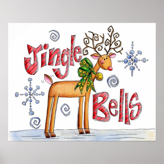 Cute Christmas Reindeer, Jingle Bells Snowflakes Poster (Front)