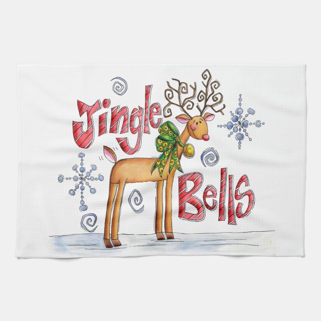 Cute Christmas Reindeer, Jingle Bells Snowflakes Tea Towel (Horizontal)