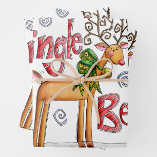 Cute Christmas Reindeer, Jingle Bells Snowflakes Wrapping Paper Sheet