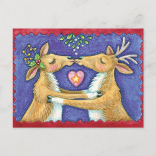 Cute Christmas Reindeer Kiss Save the Date Announcement Postcard