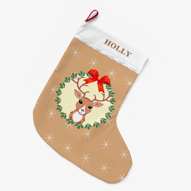 Cute Christmas Reindeer on Beige Large Christmas Stocking (Front (Hanging))