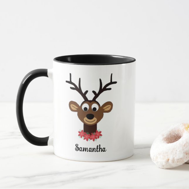 Cute Christmas Reindeer Personalised Your Name Mug (With Donut)