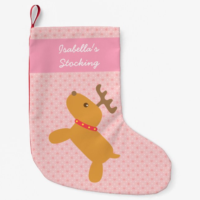 Cute Christmas Reindeer Pink For Girls Small Christmas Stocking (Front)