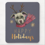 Cute Christmas Reindeer Pit Bull Terrier Dog Mouse Pad<br><div class="desc">Cute and funny watercolor and colour pencil illustration of an American pit bull terrier dog with red scarf and antlers. It says "Happy Holidays" in shiny faux gold font under the dog. Great Christmas design for dog lovers.</div>