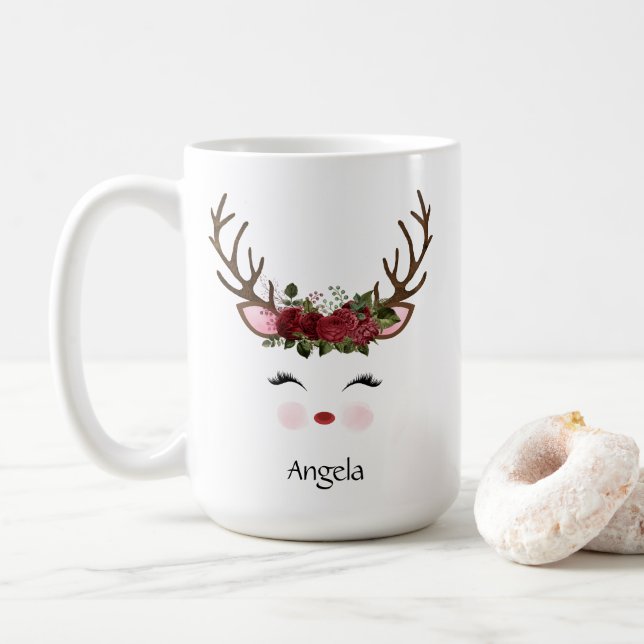 Cute Christmas Reindeer Red Floral Coffee Mug (With Donut)