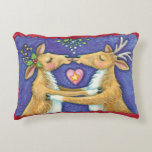 Cute Christmas Reindeer, Romantic Kiss w Mistletoe Decorative Cushion<br><div class="desc">Vintage illustration Merry Christmas design featuring a love and romance design with two adorable reindeer kissing under the mistletoe. A heart is between them. A funny,  silly and romantic cartoon design for animal lovers.</div>