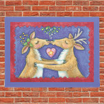 Cute Christmas Reindeer, Romantic Kiss w Mistletoe Doormat<br><div class="desc">Vintage illustration Merry Christmas design featuring a love and romance design with two adorable reindeer kissing under the mistletoe. A heart is between them. A funny,  silly and romantic cartoon design for animal lovers.</div>