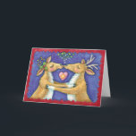 Cute Christmas Reindeer, Romantic Kiss w Mistletoe Holiday Card<br><div class="desc">Vintage illustration Merry Christmas design featuring a love and romance design with two adorable reindeer kissing under the mistletoe. A heart is between them. A funny,  silly and romantic cartoon design for animal lovers.</div>