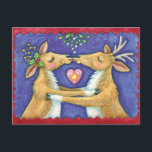 Cute Christmas Reindeer, Romantic Kiss w Mistletoe Holiday Postcard<br><div class="desc">Vintage illustration Merry Christmas design featuring a love and romance design with two adorable reindeer kissing under the mistletoe. A heart is between them. A funny,  silly and romantic cartoon design for animal lovers.</div>