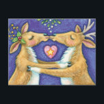 Cute Christmas Reindeer, Romantic Kiss w Mistletoe Holiday Postcard<br><div class="desc">Vintage illustration Merry Christmas design featuring a love and romance design with two adorable reindeer kissing under the mistletoe. A heart is between them. A funny,  silly and romantic cartoon design for animal lovers.</div>