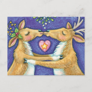 Cute Christmas Reindeer, Romantic Kiss w Mistletoe Holiday Postcard