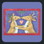 Cute Christmas Reindeer, Romantic Kiss w Mistletoe Square Sticker<br><div class="desc">Vintage illustration Merry Christmas design featuring a love and romance design with two adorable reindeer kissing under the mistletoe. A heart is between them. A funny,  silly and romantic cartoon design for animal lovers.</div>