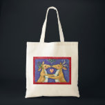 Cute Christmas Reindeer, Romantic Kiss w Mistletoe Tote Bag<br><div class="desc">Vintage illustration Merry Christmas design featuring a love and romance design with two adorable reindeer kissing under the mistletoe. A heart is between them. A funny,  silly and romantic cartoon design for animal lovers.</div>
