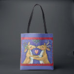 Cute Christmas Reindeer, Romantic Kiss w Mistletoe Tote Bag<br><div class="desc">Beautiful all-over-print tote bags! Available in two styles and two sizes! 
Vintage illustration Merry Christmas design featuring a love and romance design with two adorable reindeer kissing under the mistletoe. A heart is between them. A funny,  silly and romantic cartoon design for animal lovers.</div>