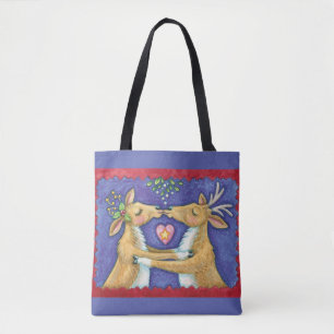 Cute Christmas Reindeer, Romantic Kiss w Mistletoe Tote Bag