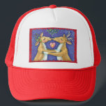 Cute Christmas Reindeer, Romantic Kiss w Mistletoe Trucker Hat<br><div class="desc">Vintage illustration Merry Christmas design featuring a love and romance design with two adorable reindeer kissing under the mistletoe. A heart is between them. A funny,  silly and romantic cartoon design for animal lovers.</div>