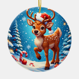 Cute Christmas Reindeer Santa Hat Candy Canes Ceramic Tree Decoration