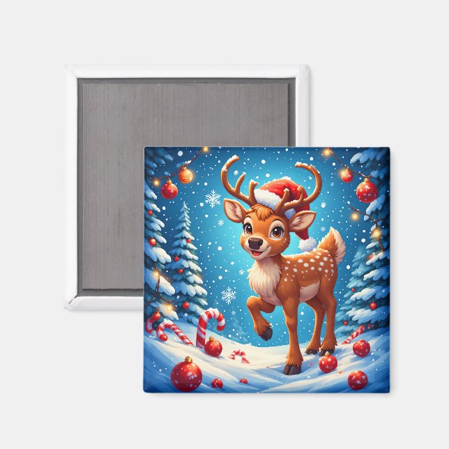Cute Christmas Reindeer Santa Hat Candy Canes Magnet (Front/Back)