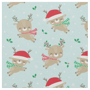 Cute Christmas Reindeer Santa Hats on Light Blue Fabric