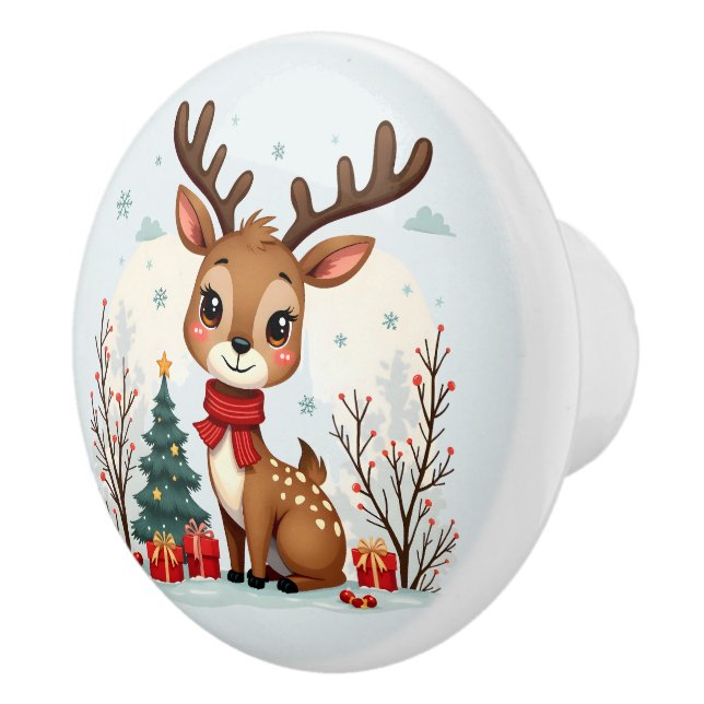 Cute Christmas Reindeer Scene Snowy Forest Ceramic Knob (Right)