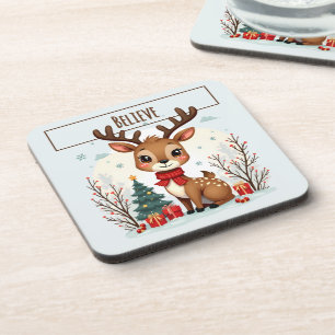 Cute Christmas Reindeer Scene Snowy Forest Coaster
