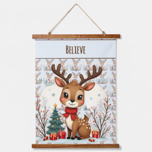 Cute Christmas Reindeer Scene Snowy Forest Hanging Tapestry